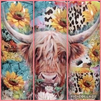 Bright Highland Cow With Flowers RTS Finished Tumblers/Sublimation Transfers