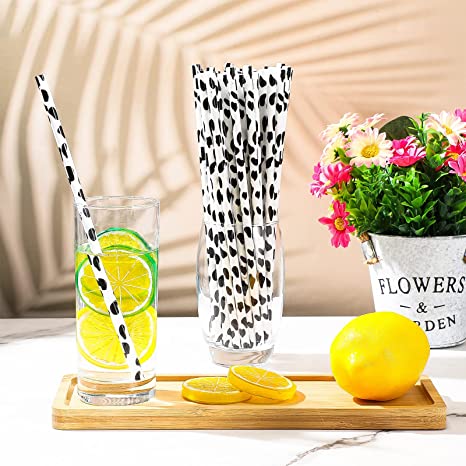 Cow Print Plastic Drinking Straws Black and White